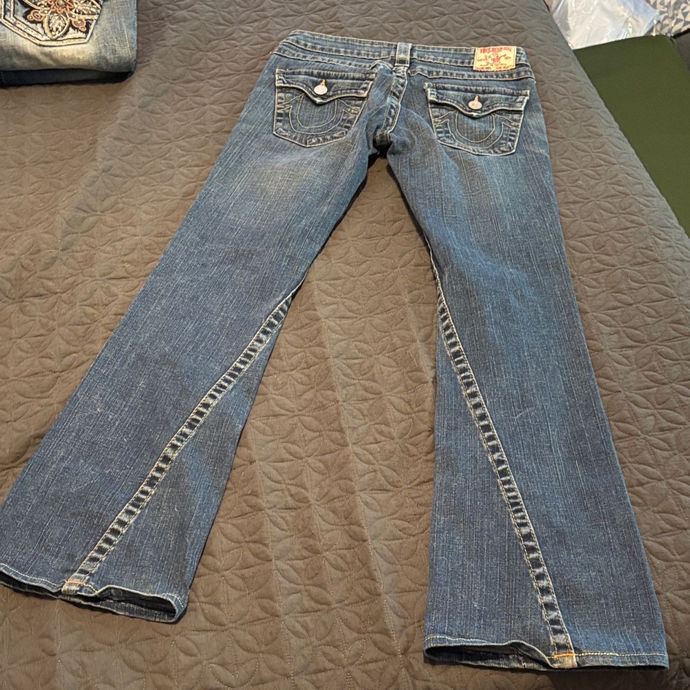 True Religion Dark Blue Flared Jeans with Contrast Stitching